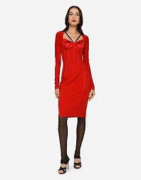 Viscose calf-length dress with corset details