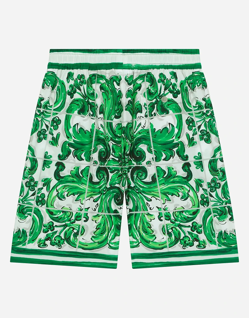 Poplin shorts with green majolica print
