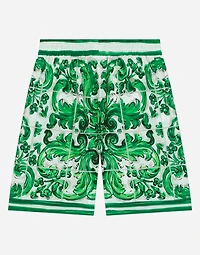 Poplin shorts with green majolica print