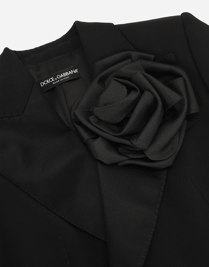 Double-breasted woolen jacket with flower appliqué