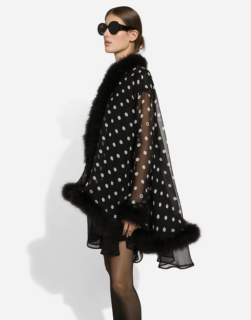 Chiffon cape with polka-dot print and marabou trim
