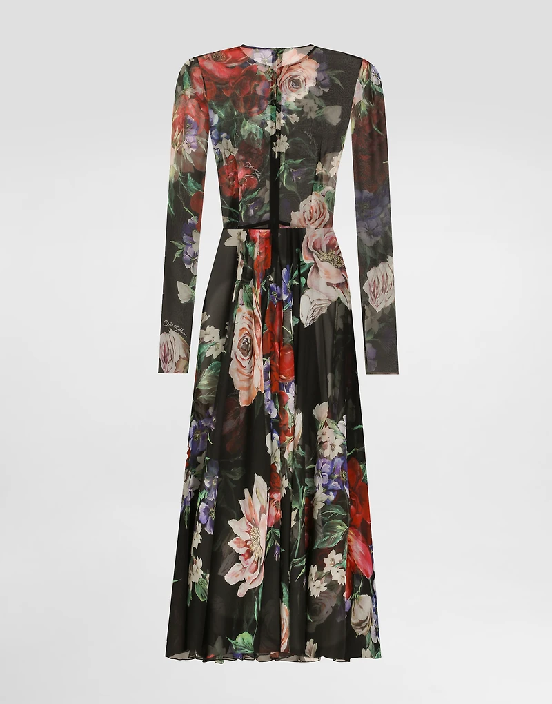 Floral-print chiffon calf-length dress with circle skirt
