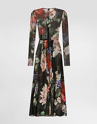 Floral-print chiffon calf-length dress with circle skirt