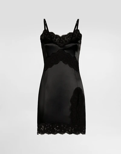 Stretch satin dress with lace details