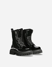 Patent leather combat boots with faux fur lining