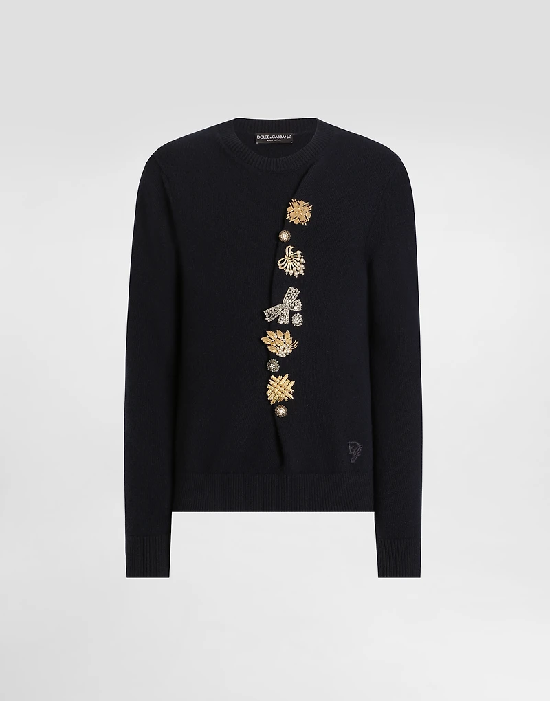 Wool round-neck sweater with bejeweled buttons