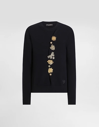 Wool round-neck sweater with bejeweled buttons