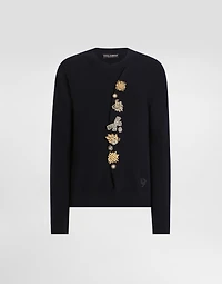 Wool round-neck sweater with bejeweled buttons