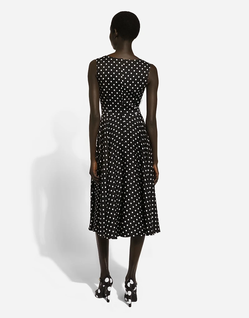 Silk charmeuse calf-length circle-skirt dress with polka-dot print