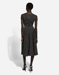 Silk charmeuse calf-length circle-skirt dress with polka-dot print