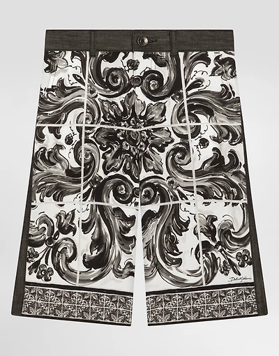 majolica-print denim bermuda shorts