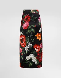 Flower-print satin skirt