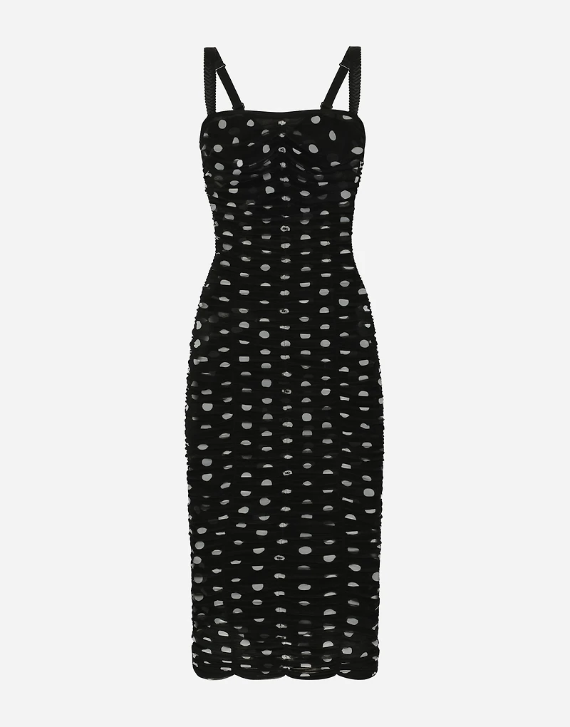 Tulle calf-length sheath dress with draping and polka-dot print