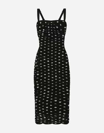 Tulle calf-length sheath dress with draping and polka-dot print