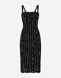 Tulle calf-length sheath dress with draping and polka-dot print