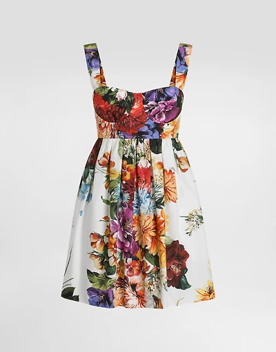 Flower bouquet-print poplin dress