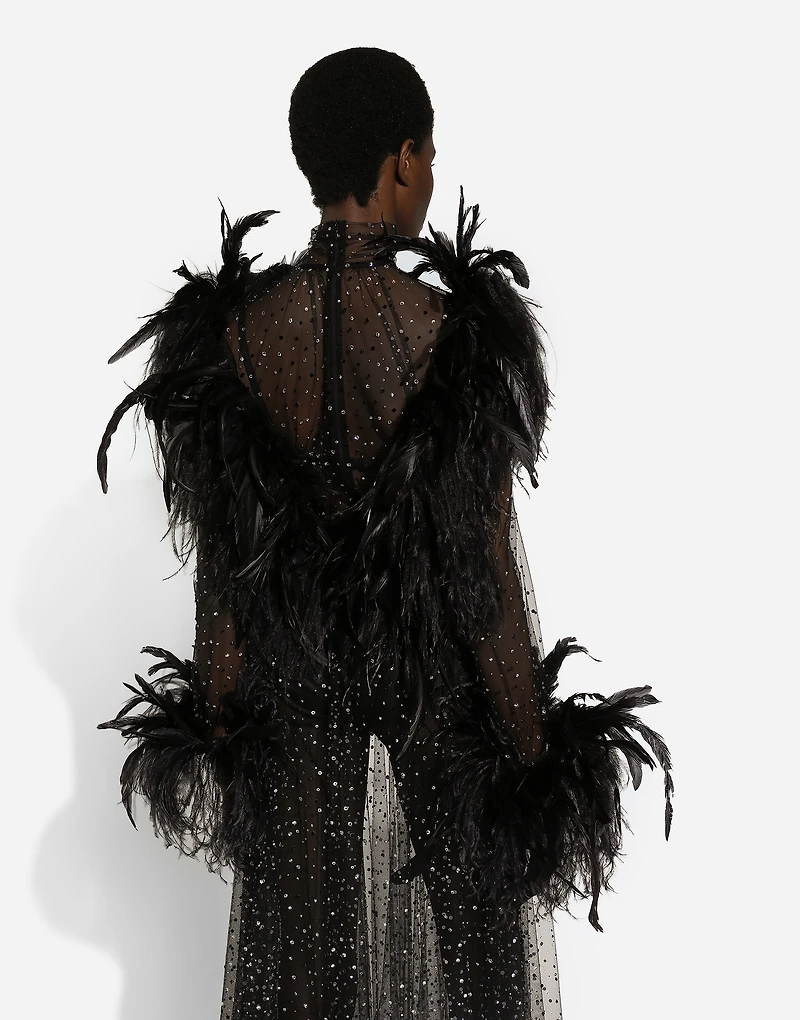 Calf-length stretch tulle dress with fusible rhinestones and rooster ostrich feather embellishment
