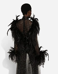 Calf-length stretch tulle dress with fusible rhinestones and rooster ostrich feather embellishment