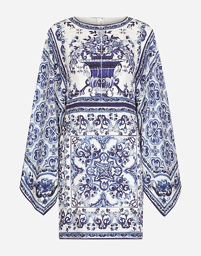 Short majolica-print charmeuse dress