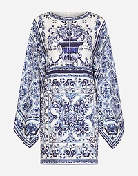 Short majolica-print charmeuse dress
