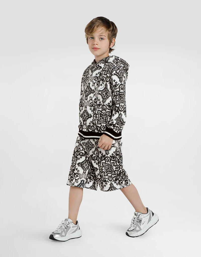 majolica-print hooded sweatshirt with zip