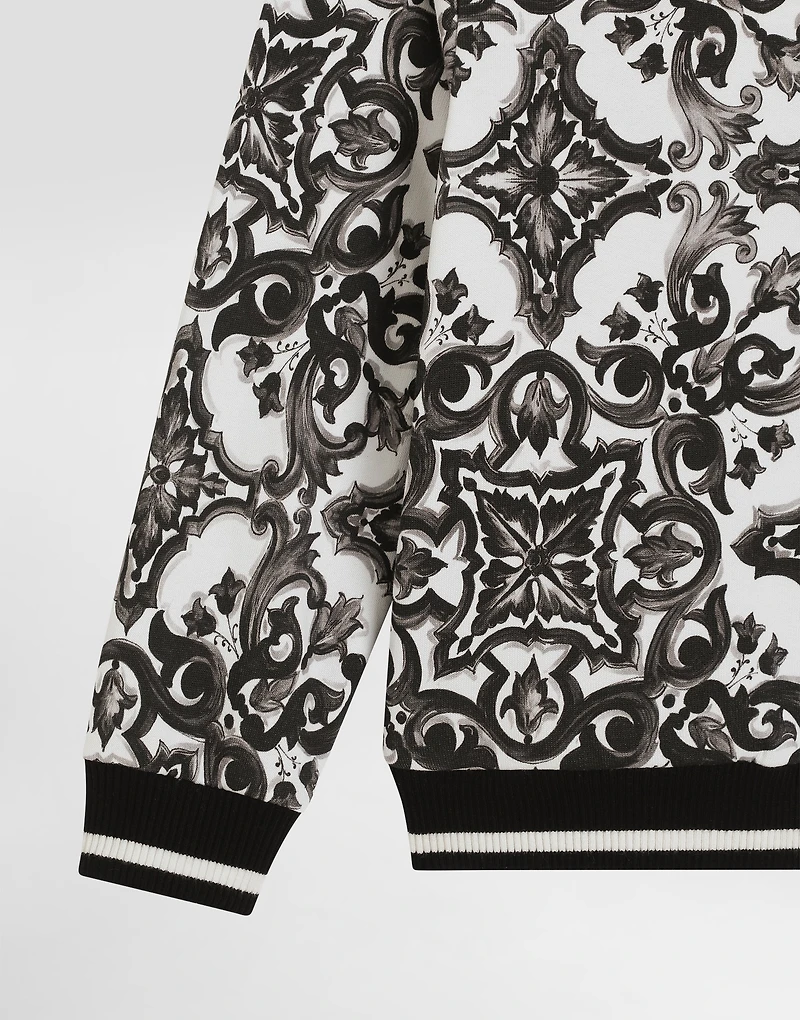 majolica-print hooded sweatshirt with zip