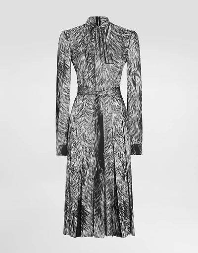 Fur-print calf-length shirt dress with pussy-bow