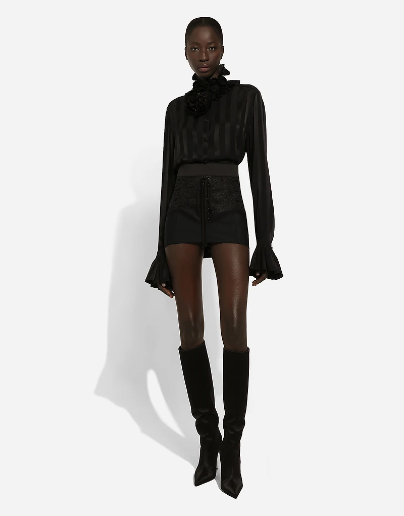 Silk jacquard shirt with pleated cuffs and collar