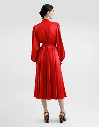Silk satin shirt dress with pussy-bow