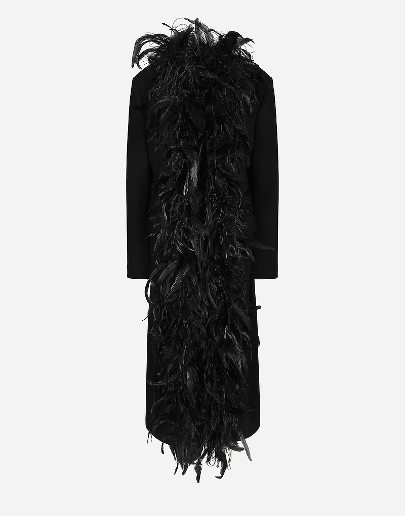 Double-breasted wool crepe coat with belt and rooster feather embellishment