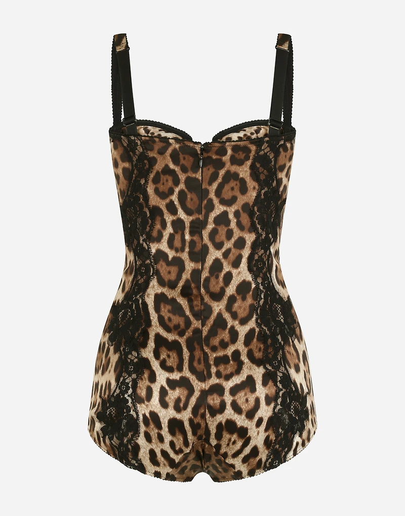 Silk balconette lingerie bodysuit with leopard-print lace details