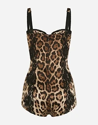 Silk balconette lingerie bodysuit with leopard-print lace details