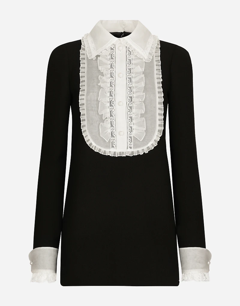 Short wool crepe dress with organza shirt front