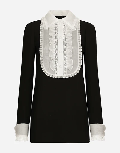 Short wool crepe dress with organza shirt front