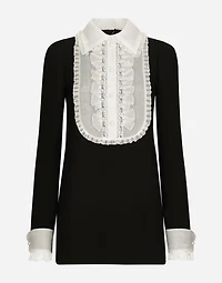 Short wool crepe dress with organza shirt front