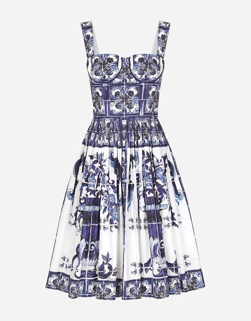 Bustier midi dress majolica-print poplin