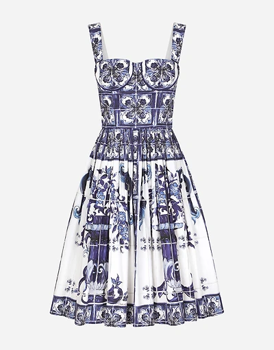 Bustier midi dress majolica-print poplin