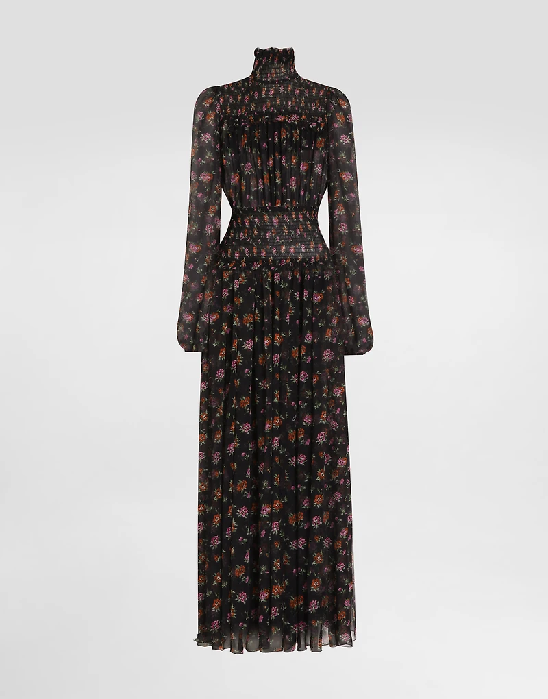 Floral-print long chiffon dress