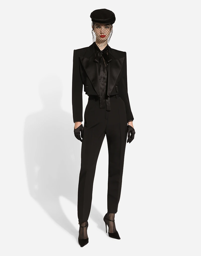 Short wool gabardine tuxedo jacket