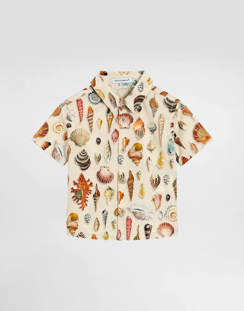 Shell-print short-sleeved poplin shirt