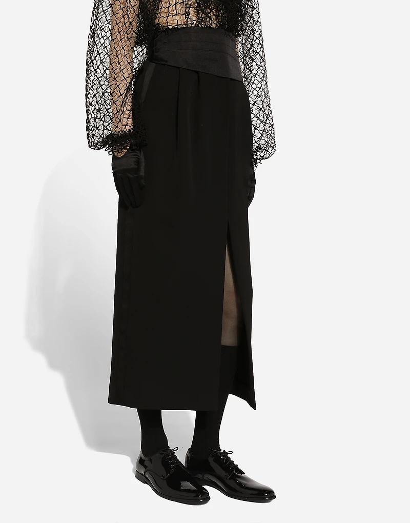 Wool gabardine calf-length tuxedo pencil skirt