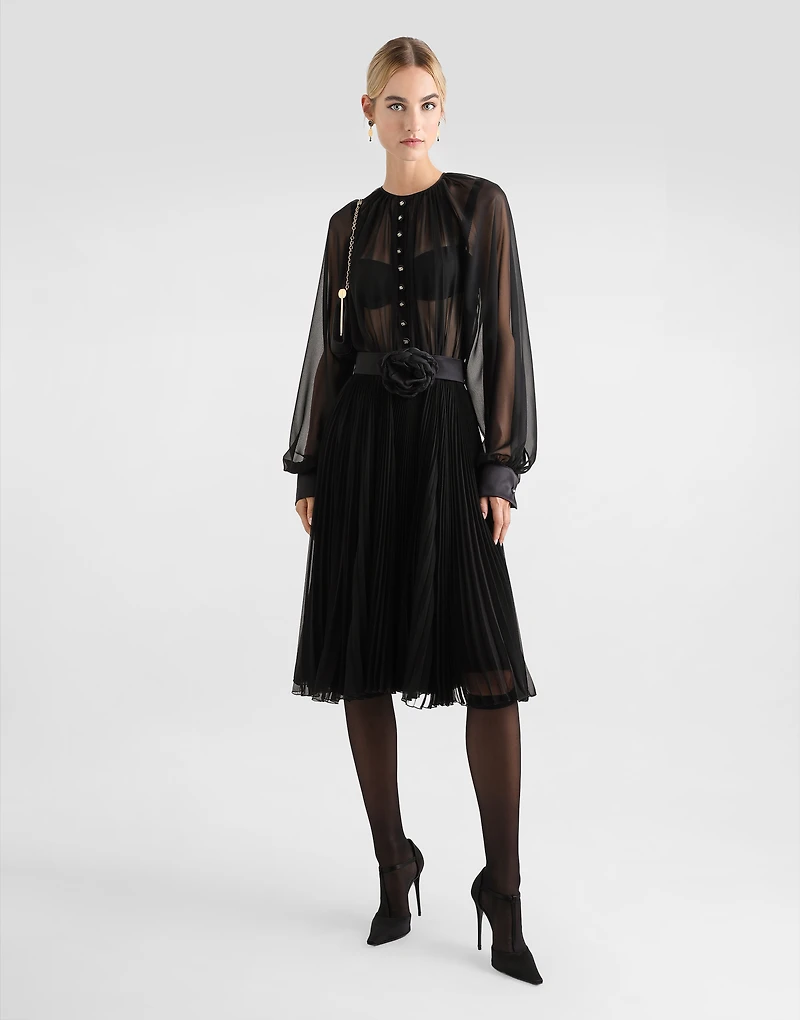 Calf-length babydoll dress with pleated skirt