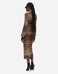 Leopard-print double crepe calf-length skirt