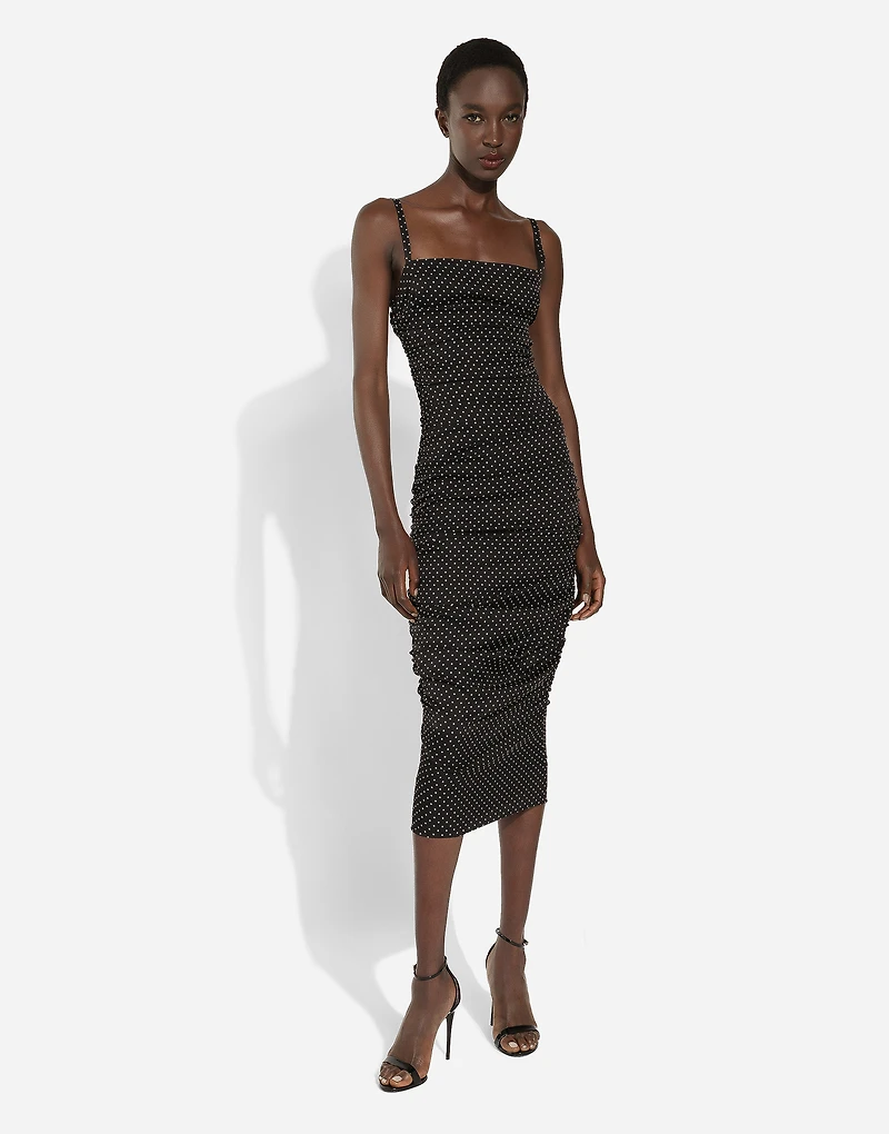 Charmeuse sheath dress with micro polka-dot print: