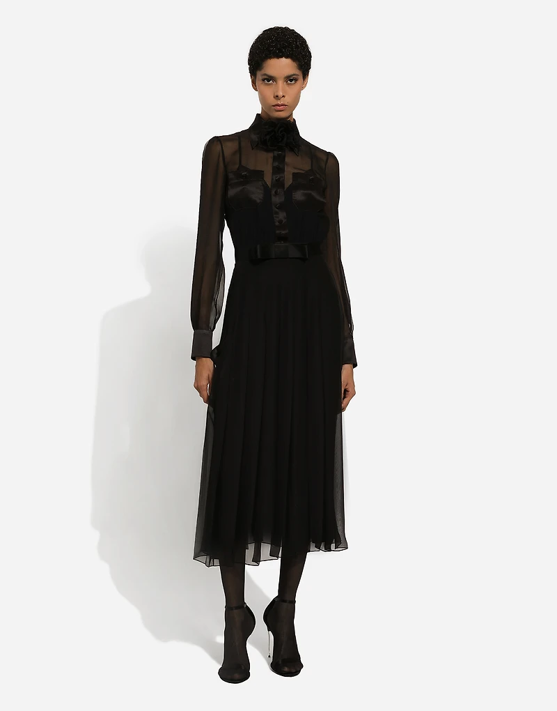 Chiffon calf-length shirt dress with satin details
