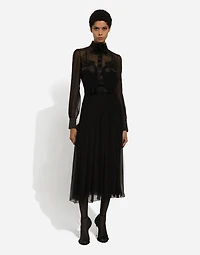 Chiffon calf-length shirt dress with satin details
