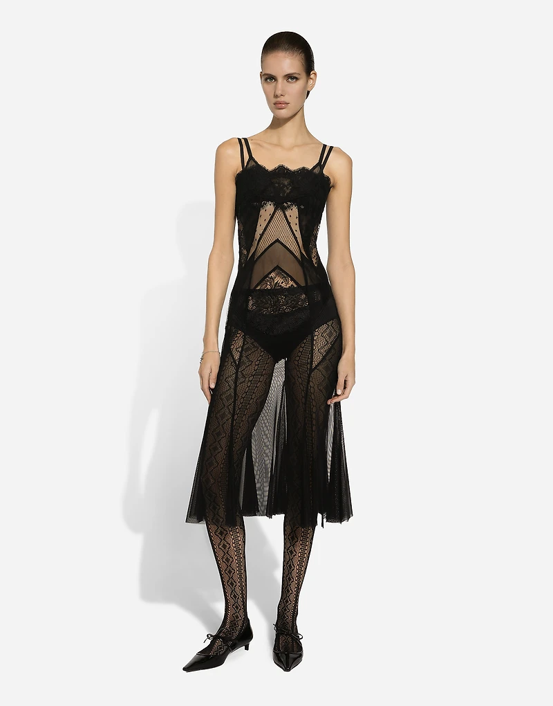 Tulle, mesh and lace calf-length slip dress