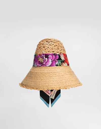 Straw hat with bandeau scarf