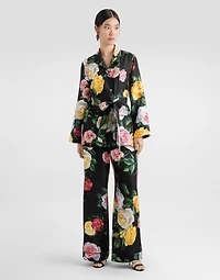 Silk habotai pajama pants with peony and rose print