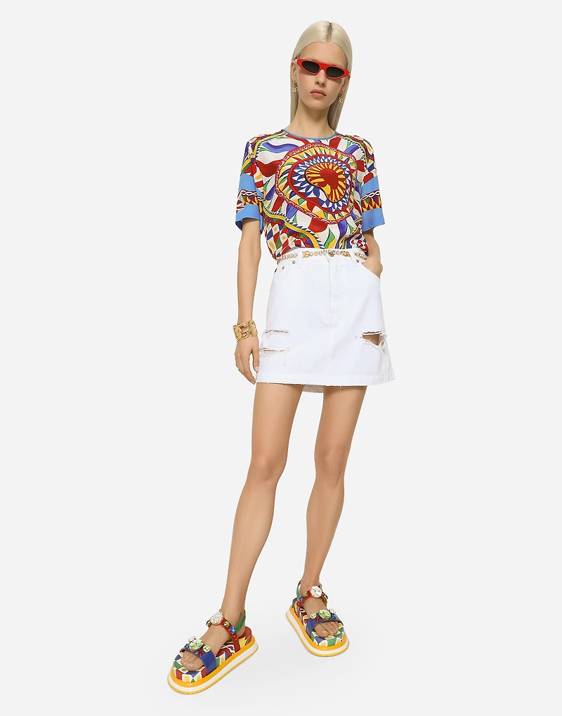 Denim mini skirt with rips